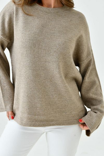 bayansepeti Πλεκτό Γυναικείο πουλόβερ Mink Color Oversize - Ισπανικό μανίκι, λαιμόκοψη, μακρυμάνικο 4091
