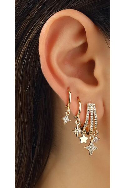 AychaAksesuar Çelik Vip seri kararmaz altın renk yıldızlı sarkıt yıldızlı 3’lü set küpe