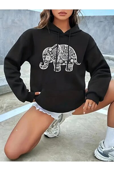 WOODROFFE Hanorac oversize unisex cu buzunar cangur cu glugă, negru, gri, imprimat elefant etnic