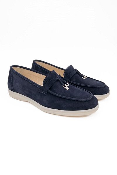 TEZCAN KUNDURA Meya Women's Buckled Navy Blue Genuine Suede Leather Loafer Women's Shoes