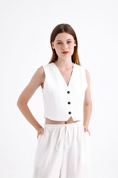 ONE8 V-neck Cotton Blend Crop Vest - Front Buttoned