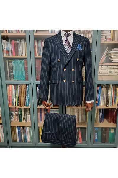 Querinca Navy Blue Striped Double Breasted Slim Fit Suit (With Tie and Collar Ornament Gift)