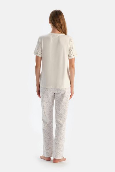 Dagi Single Jersey Ecru-Pink Floral Patterned Double Knitted Trousers