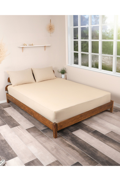 ROZET TEKSTİL طقم ملاءة سرير من القطن باللون البيج - مع غطاء وسادة مطاطي واحد