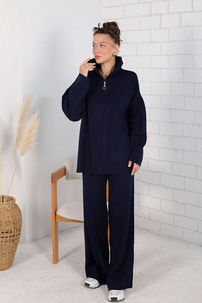 Melike Tatar Dark Blue Basic Zippered Knitwear Set - 32-7005