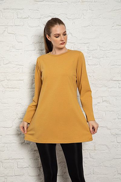MyBen Women's Mustard Colored Long Sleeve Cotton Crew Neck Combed Cotton Tunic-underwear Slm31