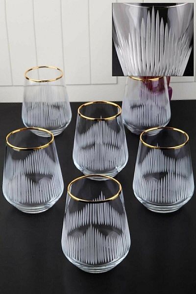 Paşabahçe Lava Gold Gilded Cut Glass Water Glass Set for 6 People Striped Lal