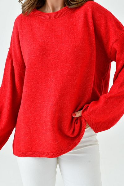 bayansepeti Roter Oversize-Strickpullover – schulterfrei, spanischer Ärmel, Rundhalsausschnitt, lange Ärmel 4091