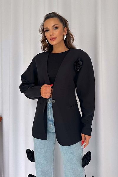 Mine Tan Butik Яке с едно копче и аксесоар роза - черно