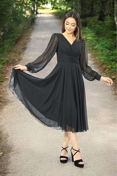 FaBe Fashion Long Sleeve Double Breasted Collar Midi Chiffon Dress