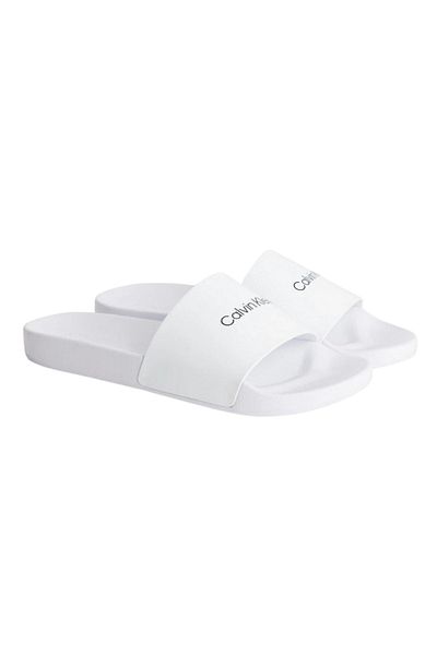 Calvin Klein Men's Brand Logo Rubber Sole Synthetic Material White Slippers Suitable for Beach and Daily Use Hm0