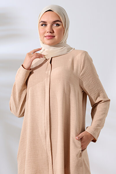 ihvan online Μπεζ μελανζ λινό μουσουλμανικό κοστούμι δύο τεμαχίων - Λεπτομέρεια με κρυφό φερμουάρ