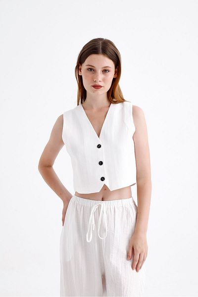 ONE8 V-neck Cotton Blend Crop Vest - Front Buttoned