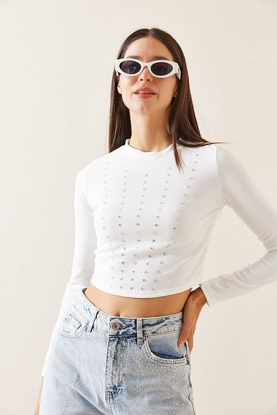 XHAN White Crew Neck Jewelled Crop Blouse 5Yxk2-48936-01