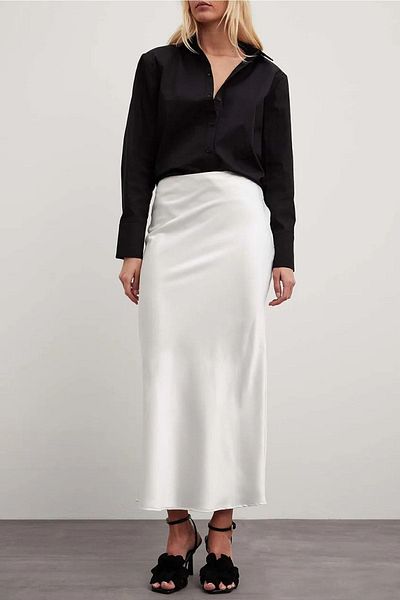 afeta White Satin Midi Skirt