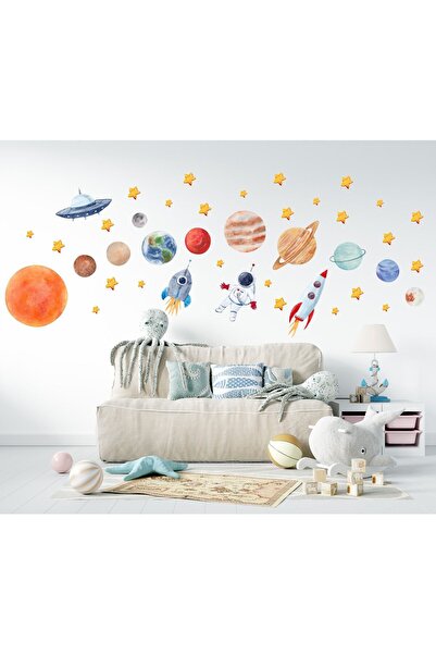 Happy Kid Rooms Uzayda Astronot Uzay Mekiği Gezegenler Ve Yıldızlar Çocuk Oda...