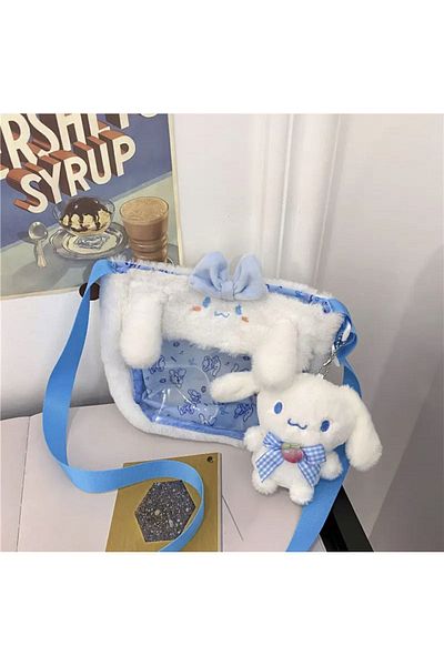 synshop Cinnamoroll Sanrio - Geantă de pluș cu breloc transparent pe jumătate, cu curea de ornament reglabilă (adus din străinătate)