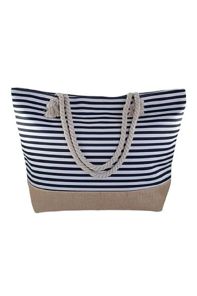 Trendcim Geanta de plaja de marime multifunctionala Geanta de mare Model Paie Iuta Marine Blue Dungi