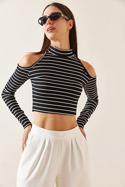 XHAN Siyah Bisiklet Yaka Omuz Dekolteli Çizgili Bluz 5YXK2-48931-02