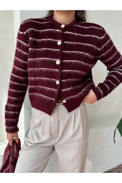 Laluvia Gold Buttoned Burgundy-Vanilla Striped Furry Crew Neck Cardigan