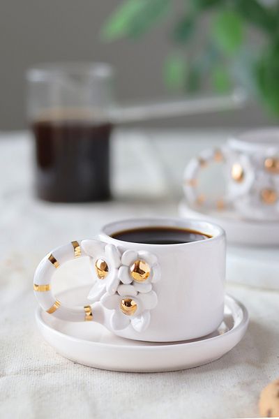 ada mia seramik 24K Gold Decorated 2-Piece Floral Ceramic Cup Set - 120ml