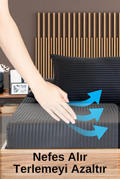 VAVEY Cotton Satin Striped Fitted Sheet Set 160X200Cm Pillowcase 50X70 cm Double Black