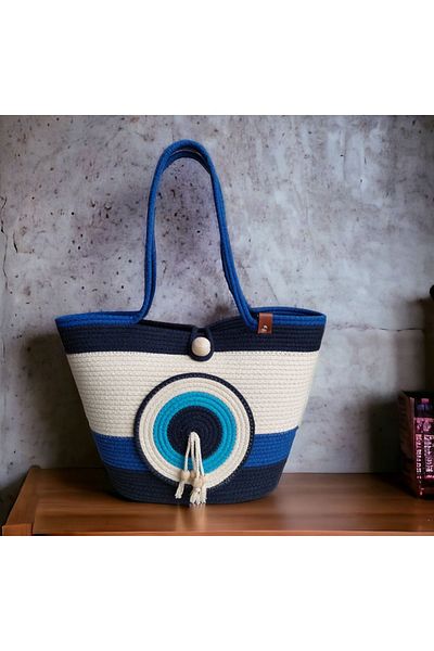 HandmadeSNM Χειροποίητη τσάντα παραλίας και ώμου με λεπτομέρεια από χάντρες του κακού ματιού