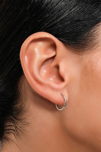 Side Gold Kuyumculuk 14 Ayar Beyaz Altın Kalemli Halka Küpe 1,3 cm