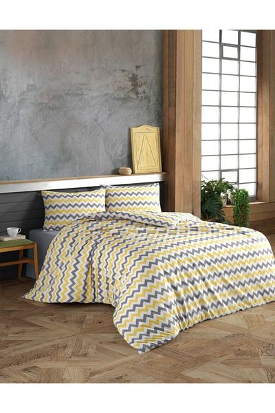 Kaan طقم غطاء لحاف منقوش متعرج Kingsize غطاء لحاف أصفر + كيس وسادة 200 × 235