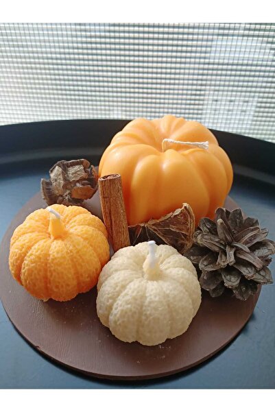 Nish Candles Özel Tasarım 3'lü Iki Farklı Boy Balkabağı Seti, Kuru Aksesuarla...