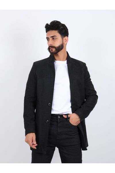 Erkek Antrasit Slim Fit Dik Yaka Kaşe Kaban