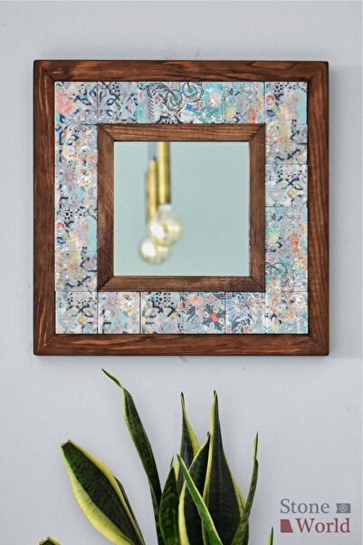 Stone World Vintage Temalı, Masif Ahşap Ve Desenli Mermerden Dekoratif Ayna -...