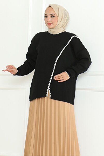 Bestenur Black Asymmetrical Knitwear Sweater 1194 - Sweater