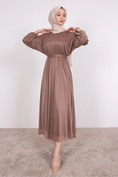 MY DREAM Silvery Salmon Hijab Evening Dress with Waist Belt