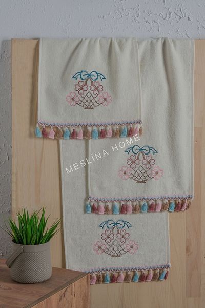 Meslina Home 3-Piece Cream Towel Set - Fringed and Embroidered, 30x50 cm