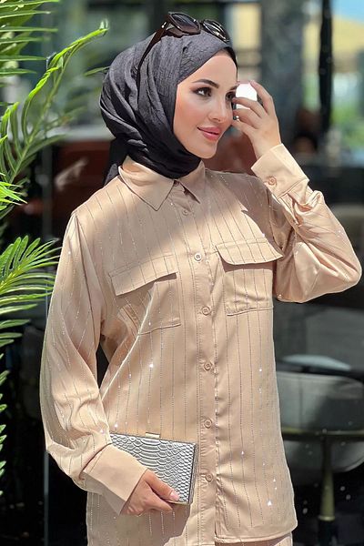 julude Μπεζ σατέν παντελόνι Hijab και πουκάμισο σετ δύο τεμαχίων - Διπλή τσέπη και πέτρινη λεπτομέρεια