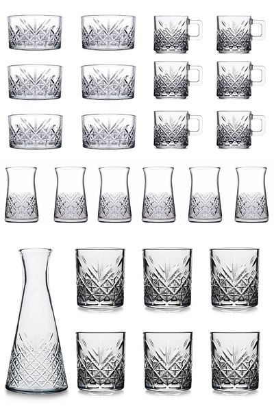 Paşabahçe Timeless 25 Piece Set - Tea, Water Cup and Snack Bowl Carafe