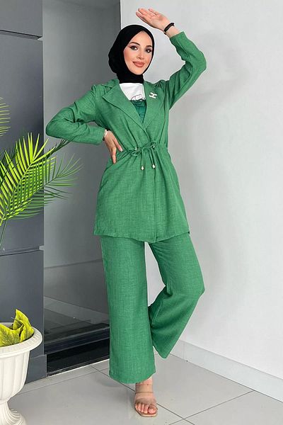 julude Green Japone Hijab Τριπλό Σετ - Μπλούζα με μανίκια, Παντελόνι, Μπουφάν