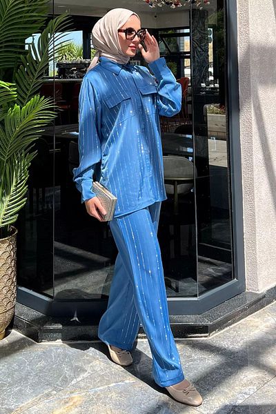 julude Πουκάμισο και παντελόνι Hijab Indigo Satin - Πέτρινη λεπτομέρεια, κοστούμι διπλής τσέπης