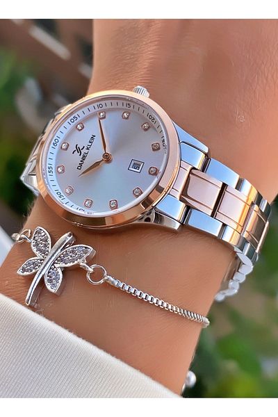 Daniel Klein Rose Brand Silver Women's Wristwatch and Bracelet Gift