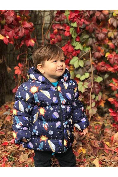 Mina Boy's Rocket Pattern Printed Filled Inner Fleece Hooded Winter Inflatable Children's Coat - Coat