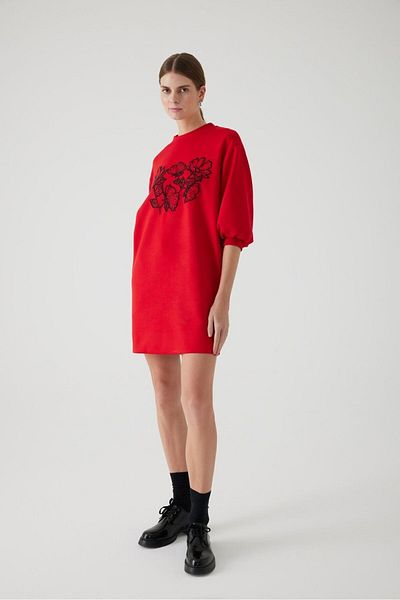 Exquise Red Knitted Dress - Embroidered and Oversize Lycra