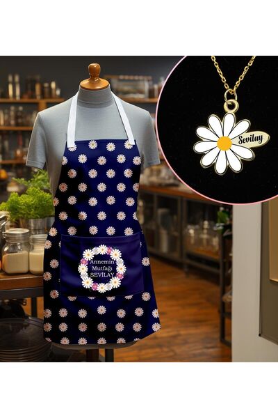 EJOYA Kişiye Özel Isimli Anneler Günü Temalı Mutfak Önlüğü & Papatya Kolye He...