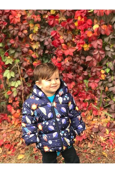 Mina Boy's Rocket Pattern Printed Filled Inner Fleece Hooded Winter Inflatable Children's Coat - Coat