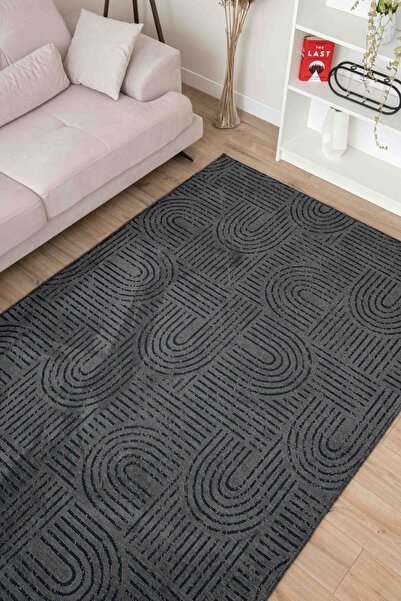 Lorente Home Moreno Viskon Dokuma Halı Kaymaz Taban Yıkanabilir Siyah Antrasit Antre Halısı 1351