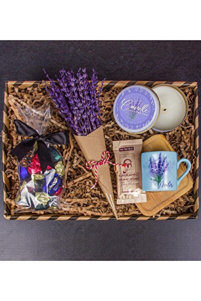 EJOYA Kişiye Özel Türk Kahvesi Fincanı & Çikolatalar & Mum & Lavanta Buketi H...