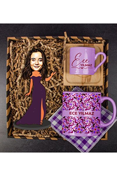 EJOYA Kişiye Özel Karikatür Biblo &türk Kahvesi Fincanı & Kupa & Bardak Altlığı Hediye Kutusu 112020
