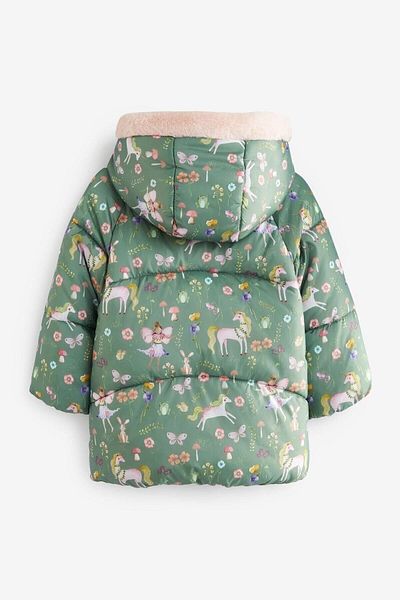 Next Baby Palton verde căptușit impermeabil pentru fete cu imprimeu zână și unicorn