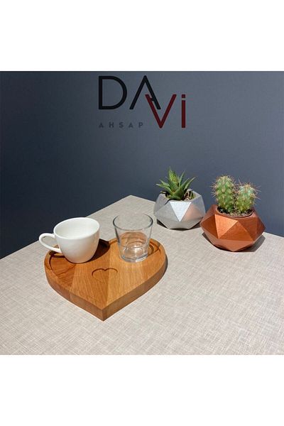 Davi Ahşap Special for Mother's Day - Set with Cup and Water Cup Wooden Coffee Presentation Plate 3 Pieces