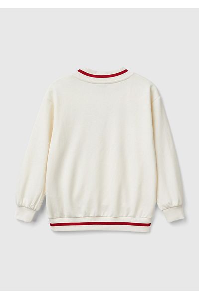 United Colors of Benetton Girl's V-Neck Ribbed Ecru Sweatshirt - Contrast Color Detailed Cuff